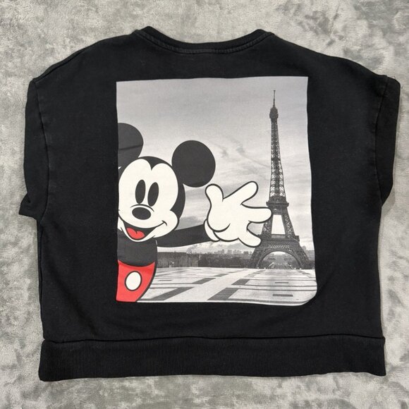 ZARA Disney Mickey Mouse Paris Sweatshirt Womens Small Black Cropped - Picture 2 of 5
